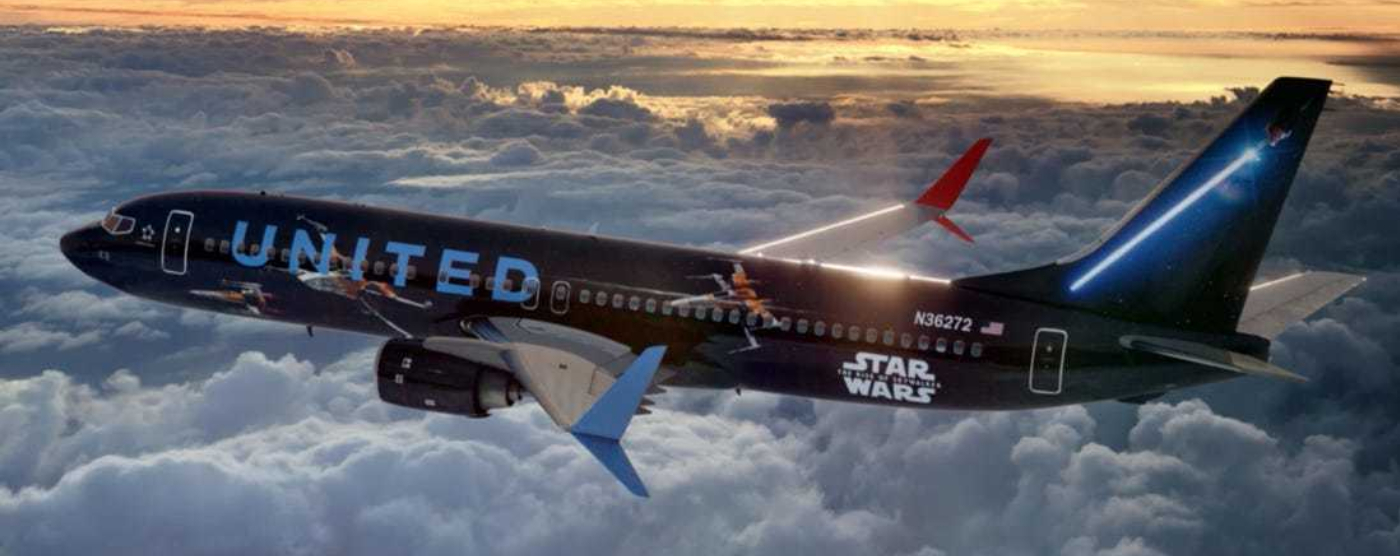 United Airlines Star Wars plane flying through the sky